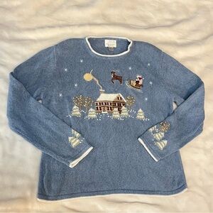 Christopher & Banks Blue Knit Vintage Ugly Christmas Sweater Grandma Embroidered